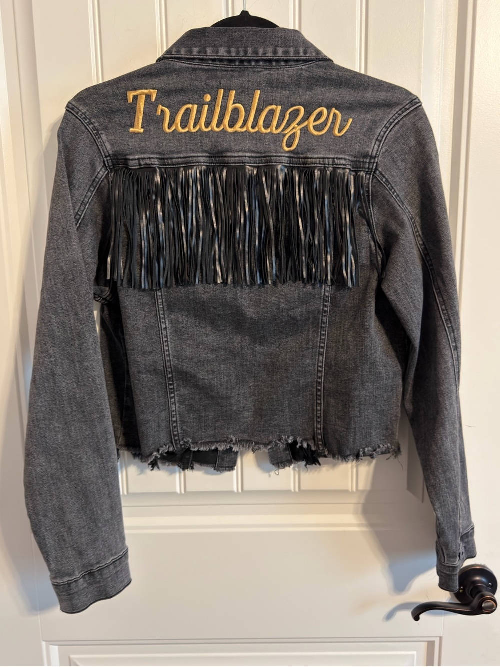 Risen Charcoal Black Denim Jacket with "Trailblazer" Embroidered & Fringe.Size L